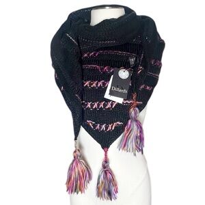 Dillards black with multicolor contrast stitching multi style knit scarf NWT